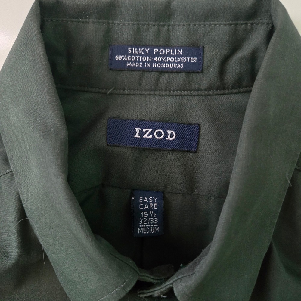 IZOD Mens Medium 15.5 32/33 Button Down Shirt Silky Poplin Forest Green EasyCare